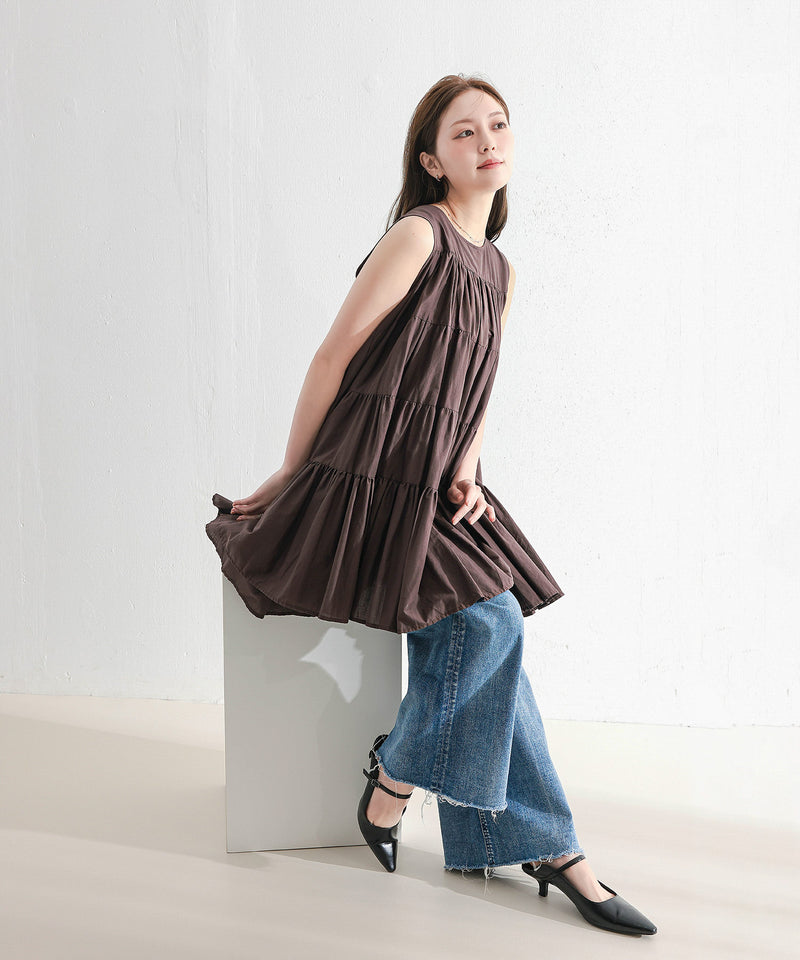 【春夏に使える万能アイテム！】 ティアード ノースリーブ ボリューム チュニック ワンピース ミニ丈 春服 夏服