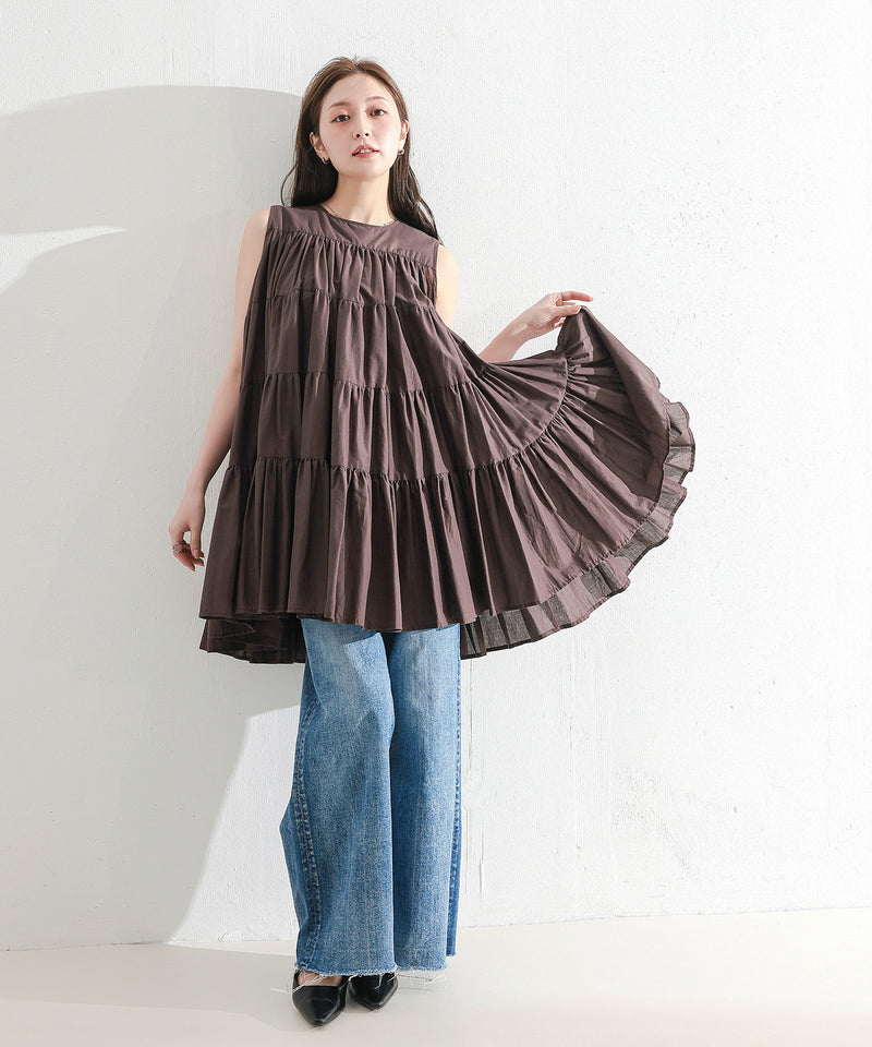 【春夏に使える万能アイテム！】 ティアード ノースリーブ ボリューム チュニック ワンピース ミニ丈 春服 夏服