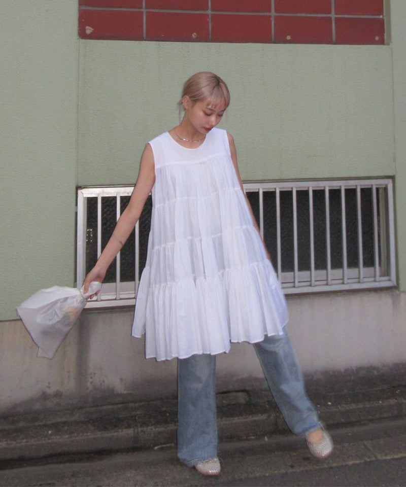 【春夏に使える万能アイテム！】 ティアード ノースリーブ ボリューム チュニック ワンピース ミニ丈 春服 夏服