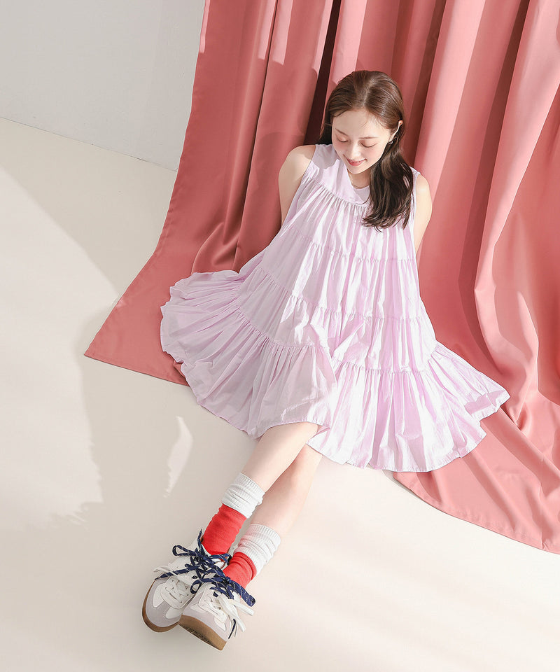 【春夏に使える万能アイテム！】 ティアード ノースリーブ ボリューム チュニック ワンピース ミニ丈 春服 夏服