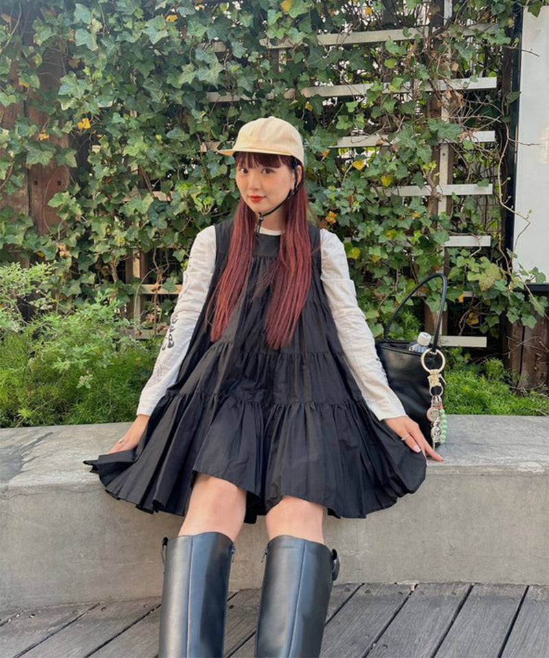 【春夏に使える万能アイテム！】 ティアード ノースリーブ ボリューム チュニック ワンピース ミニ丈 春服 夏服