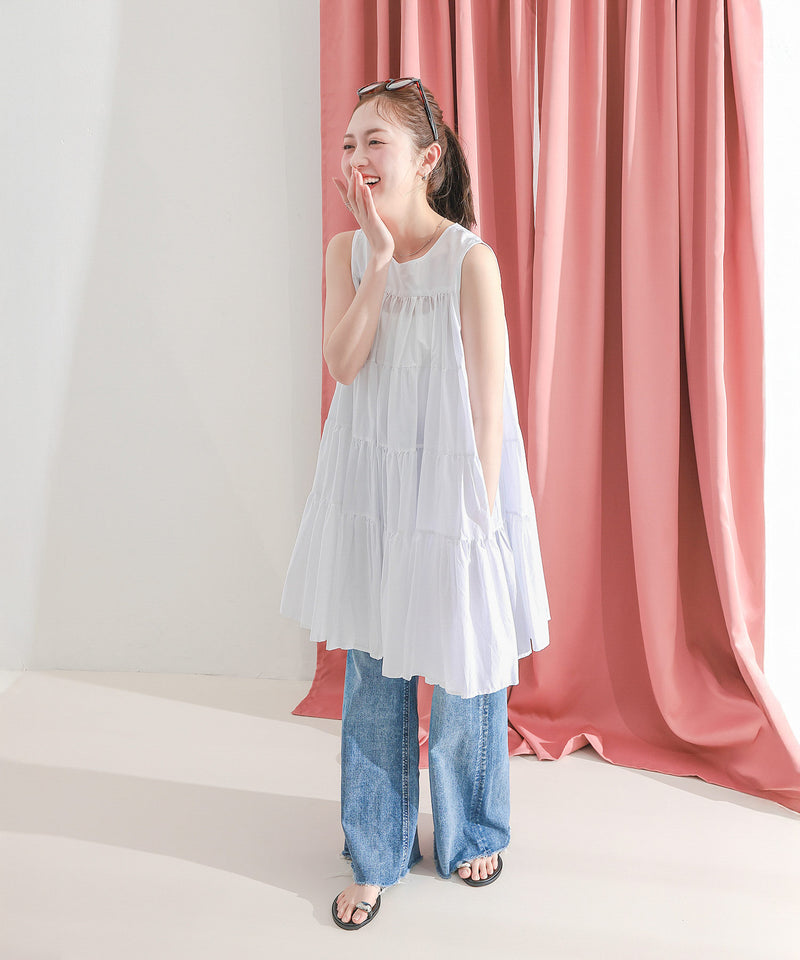 【春夏に使える万能アイテム！】 ティアード ノースリーブ ボリューム チュニック ワンピース ミニ丈 春服 夏服