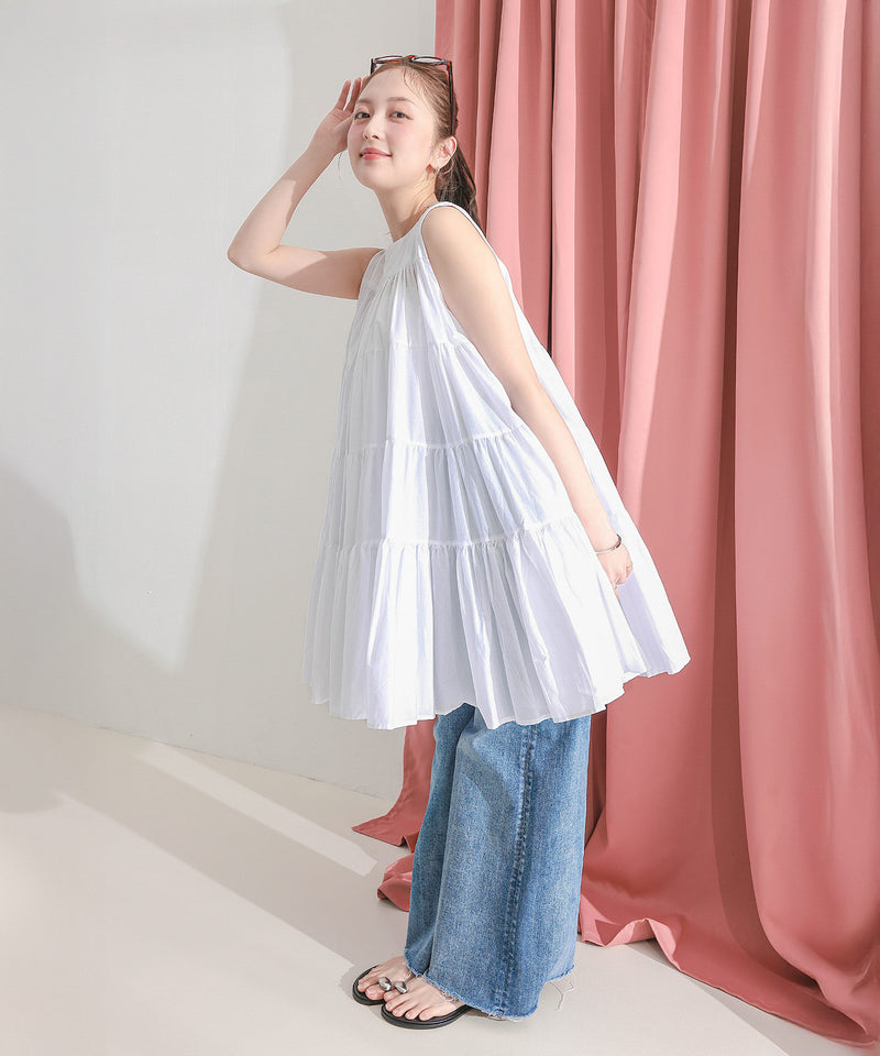 【春夏に使える万能アイテム！】 ティアード ノースリーブ ボリューム チュニック ワンピース ミニ丈 春服 夏服