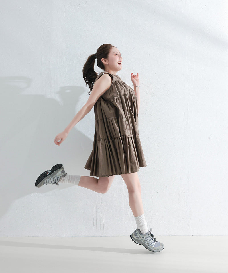 【春夏に使える万能アイテム！】 ティアード ノースリーブ ボリューム チュニック ワンピース ミニ丈 春服 夏服