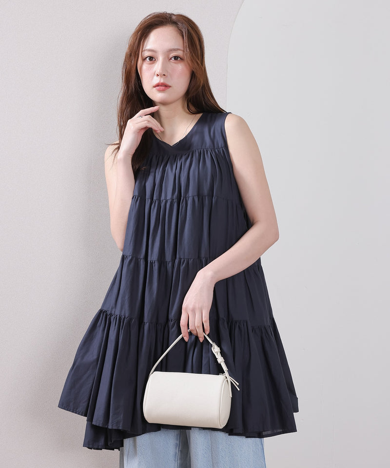 【春夏に使える万能アイテム！】 ティアード ノースリーブ ボリューム チュニック ワンピース ミニ丈 春服 夏服