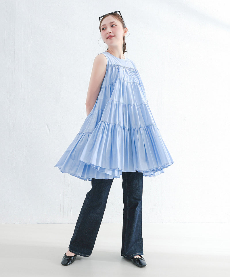 【春夏に使える万能アイテム！】 ティアード ノースリーブ ボリューム チュニック ワンピース ミニ丈 春服 夏服