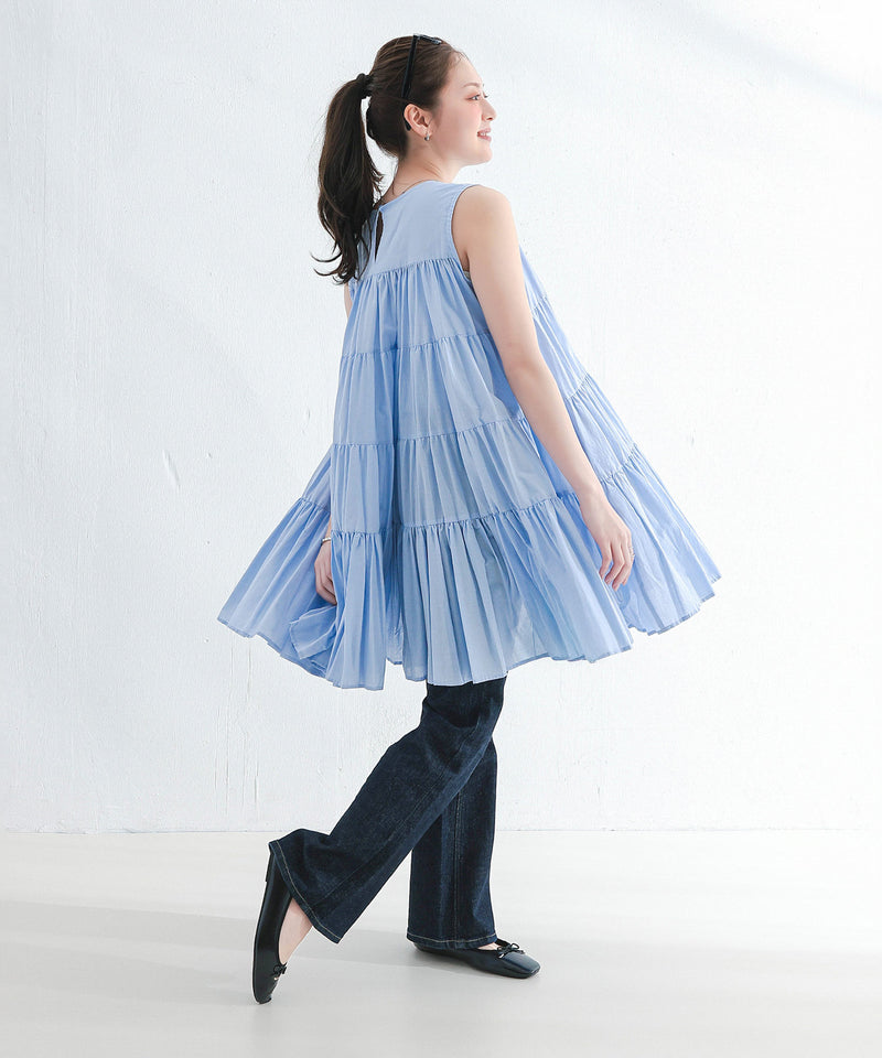 【春夏に使える万能アイテム！】 ティアード ノースリーブ ボリューム チュニック ワンピース ミニ丈 春服 夏服