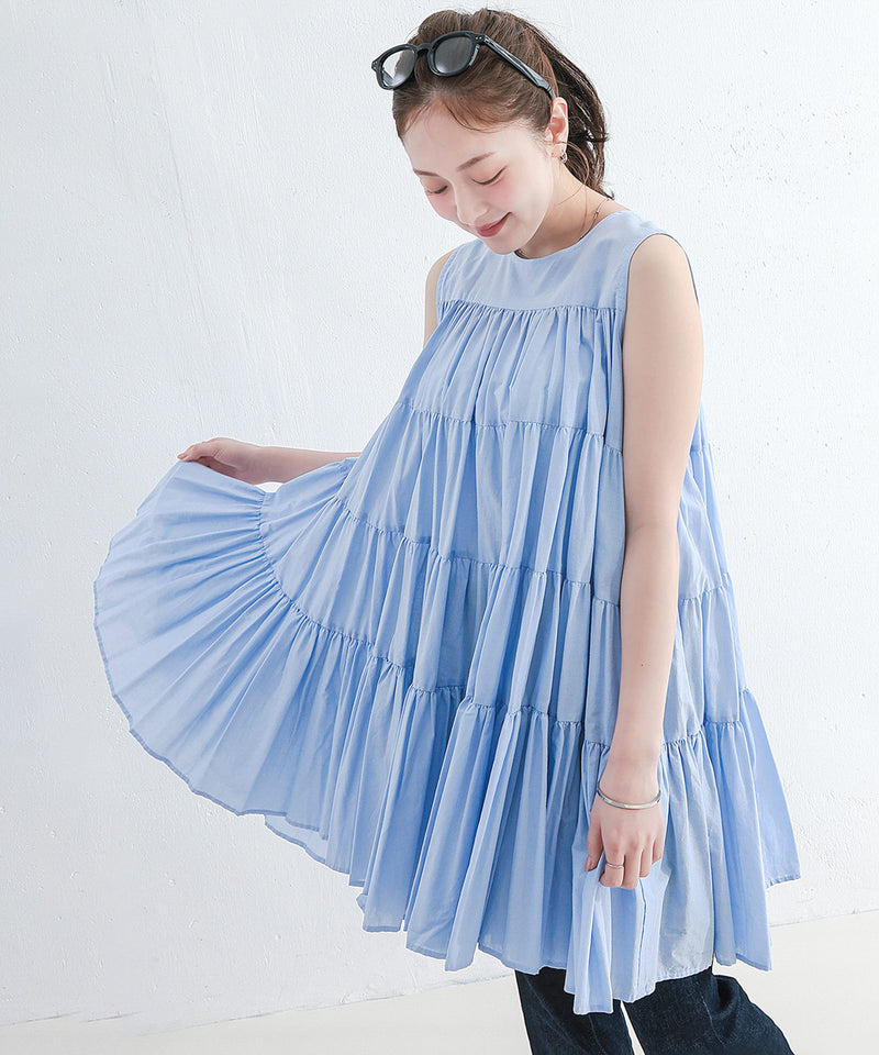 【春夏に使える万能アイテム！】 ティアード ノースリーブ ボリューム チュニック ワンピース ミニ丈 春服 夏服