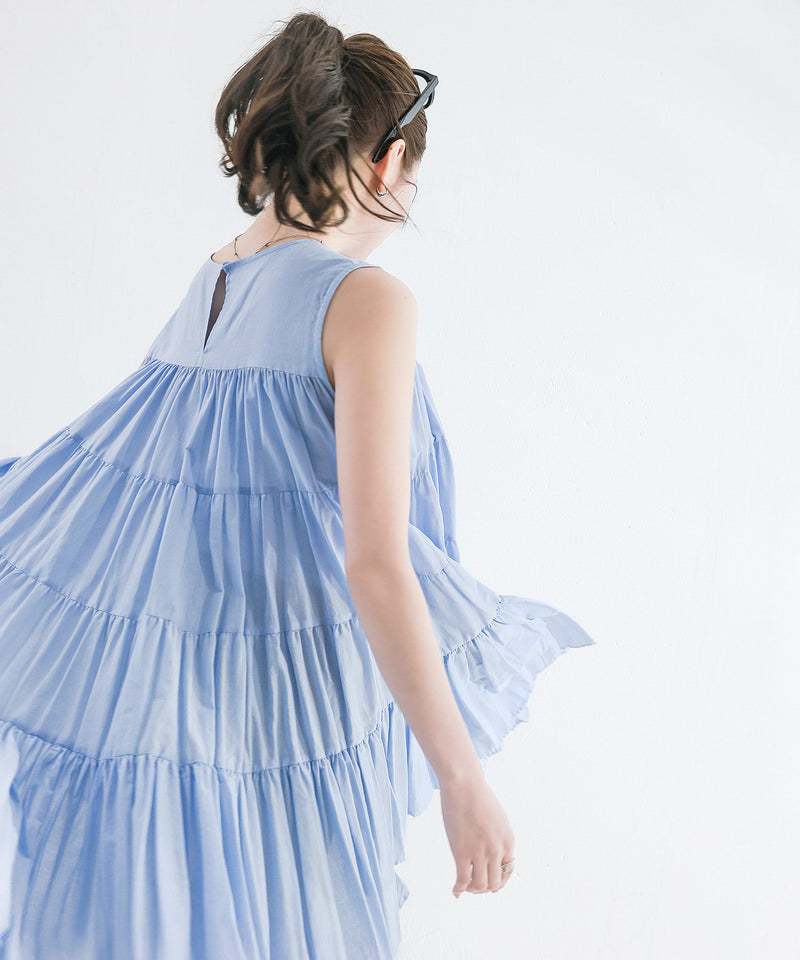 【春夏に使える万能アイテム！】 ティアード ノースリーブ ボリューム チュニック ワンピース ミニ丈 春服 夏服