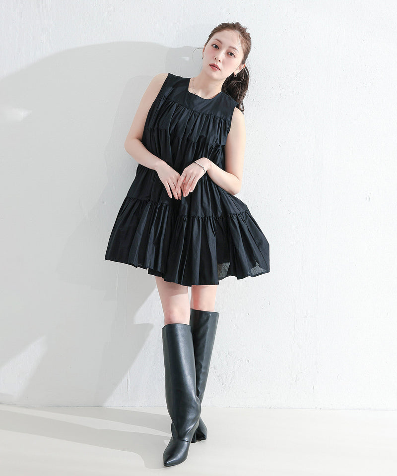 【春夏に使える万能アイテム！】 ティアード ノースリーブ ボリューム チュニック ワンピース ミニ丈 春服 夏服