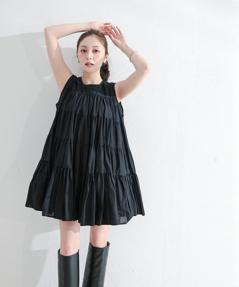 【春夏に使える万能アイテム！】 ティアード ノースリーブ ボリューム チュニック ワンピース ミニ丈 春服 夏服