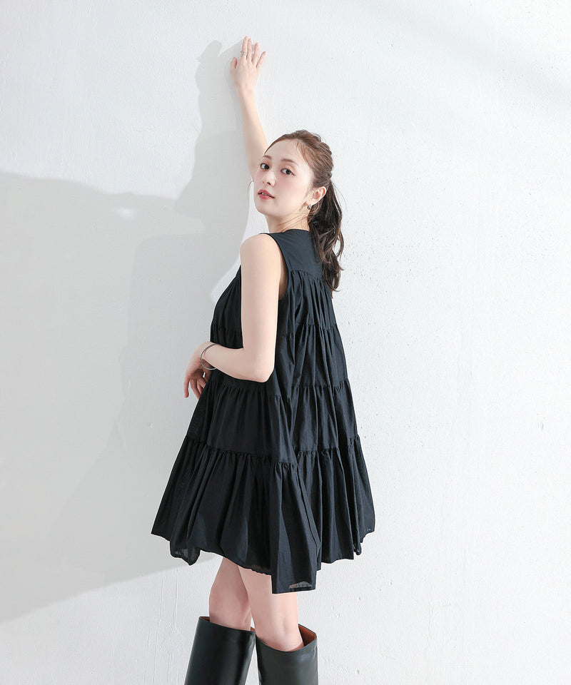 【春夏に使える万能アイテム！】 ティアード ノースリーブ ボリューム チュニック ワンピース ミニ丈 春服 夏服