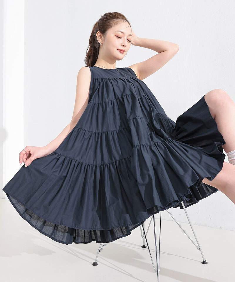 【春夏に使える万能アイテム！】 ティアード ノースリーブ ボリューム チュニック ワンピース ミニ丈 春服 夏服
