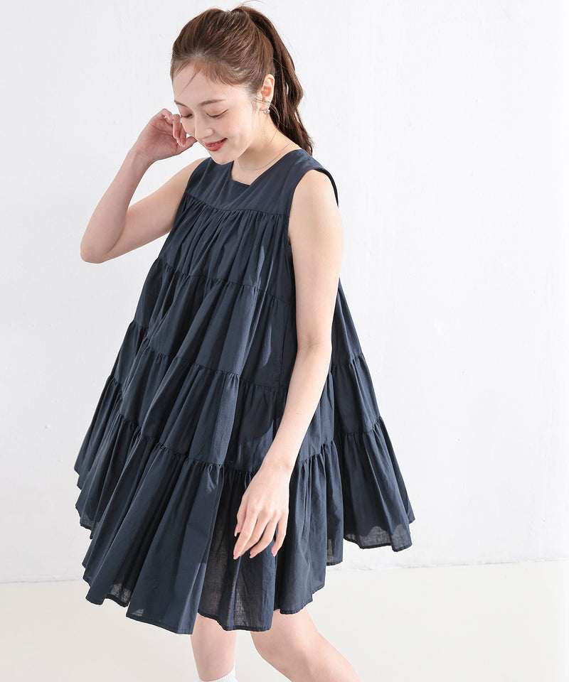 【春夏に使える万能アイテム！】 ティアード ノースリーブ ボリューム チュニック ワンピース ミニ丈 春服 夏服