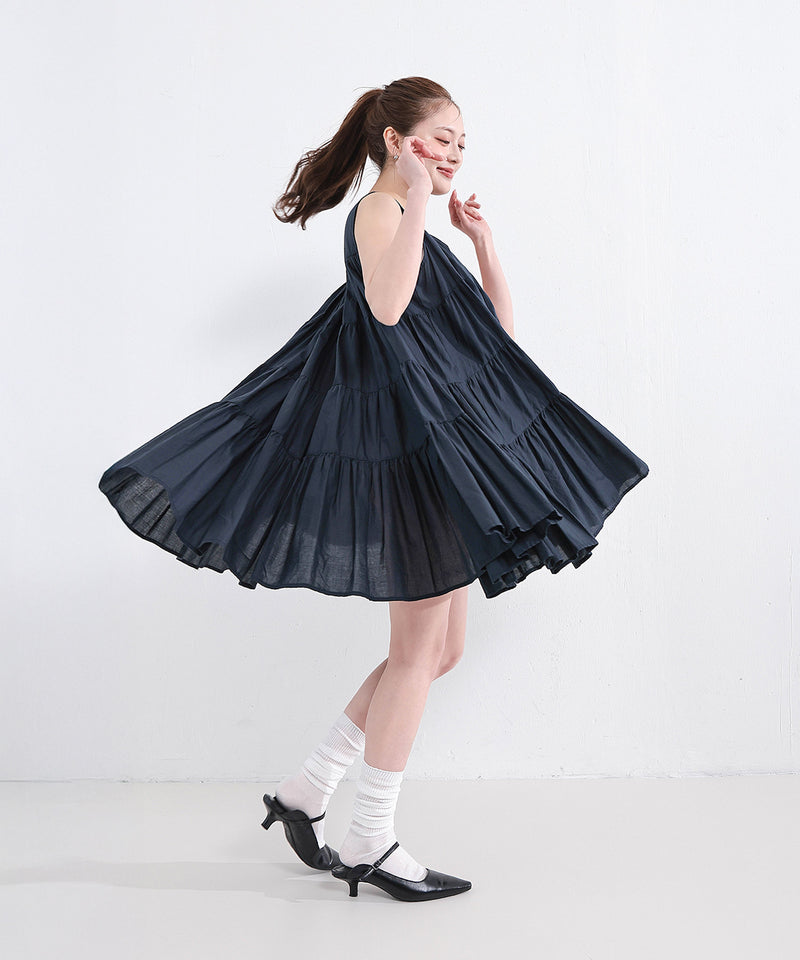 【春夏に使える万能アイテム！】 ティアード ノースリーブ ボリューム チュニック ワンピース ミニ丈 春服 夏服