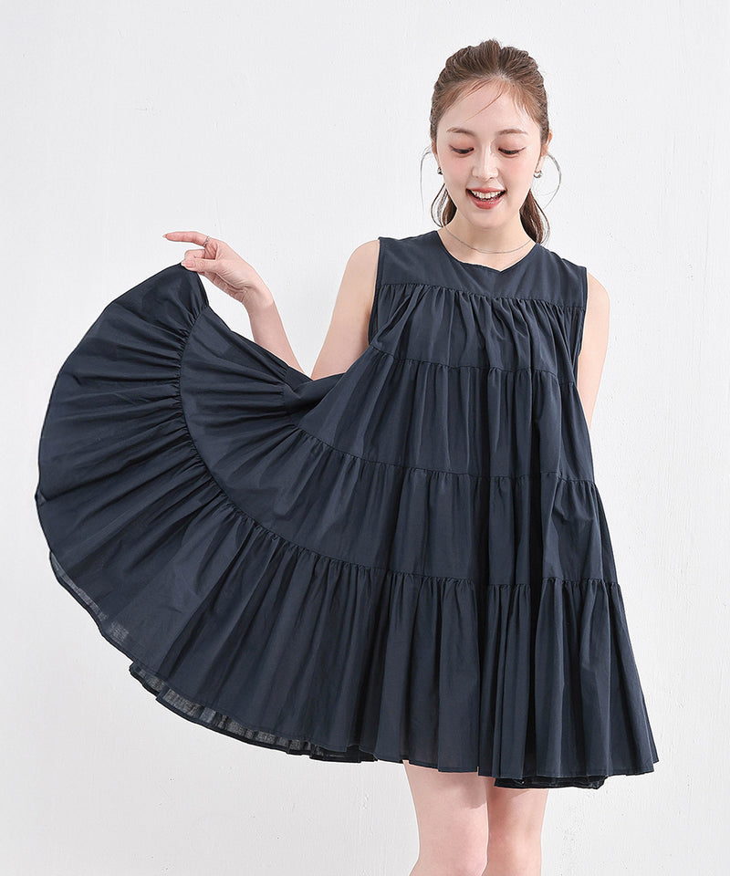 【春夏に使える万能アイテム！】 ティアード ノースリーブ ボリューム チュニック ワンピース ミニ丈 春服 夏服