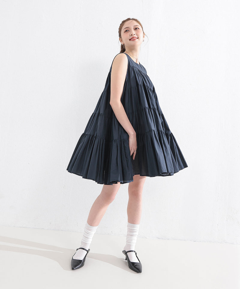 【春夏に使える万能アイテム！】 ティアード ノースリーブ ボリューム チュニック ワンピース ミニ丈 春服 夏服