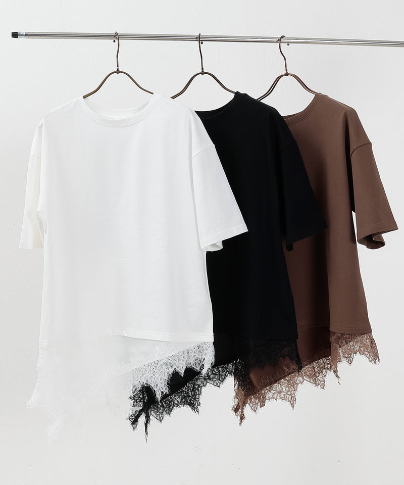 【コーデに迷わない】サテン レース レイヤード Tシャツ 半袖