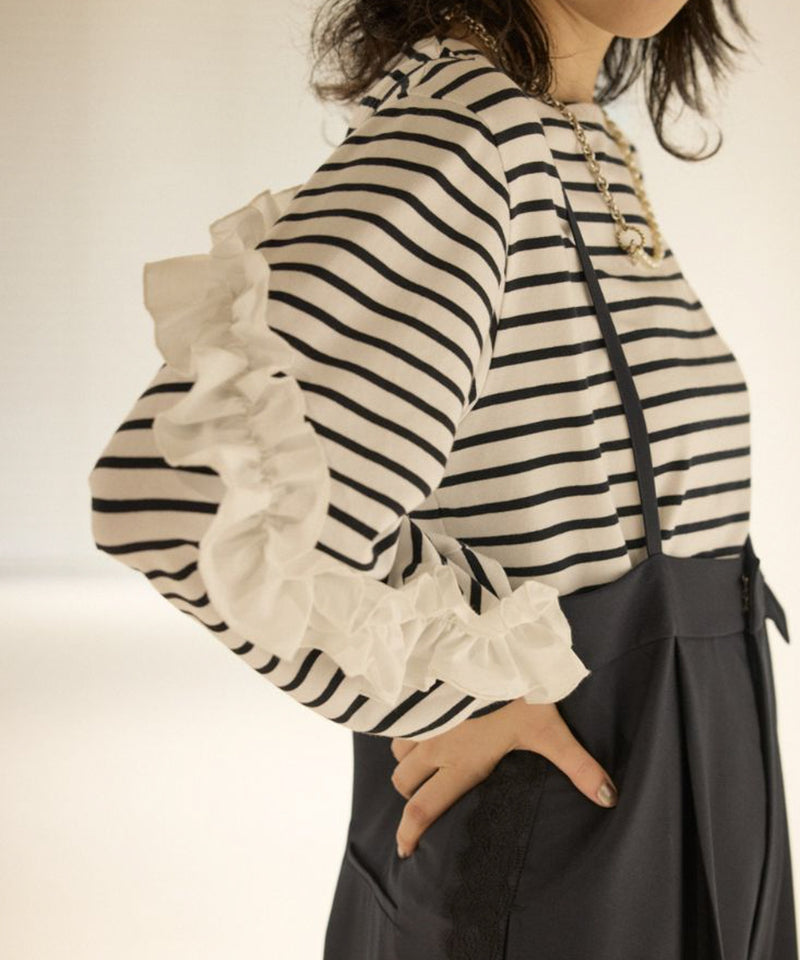 【Mewl/ミュール】ボーダーフリルスリーブTOPS