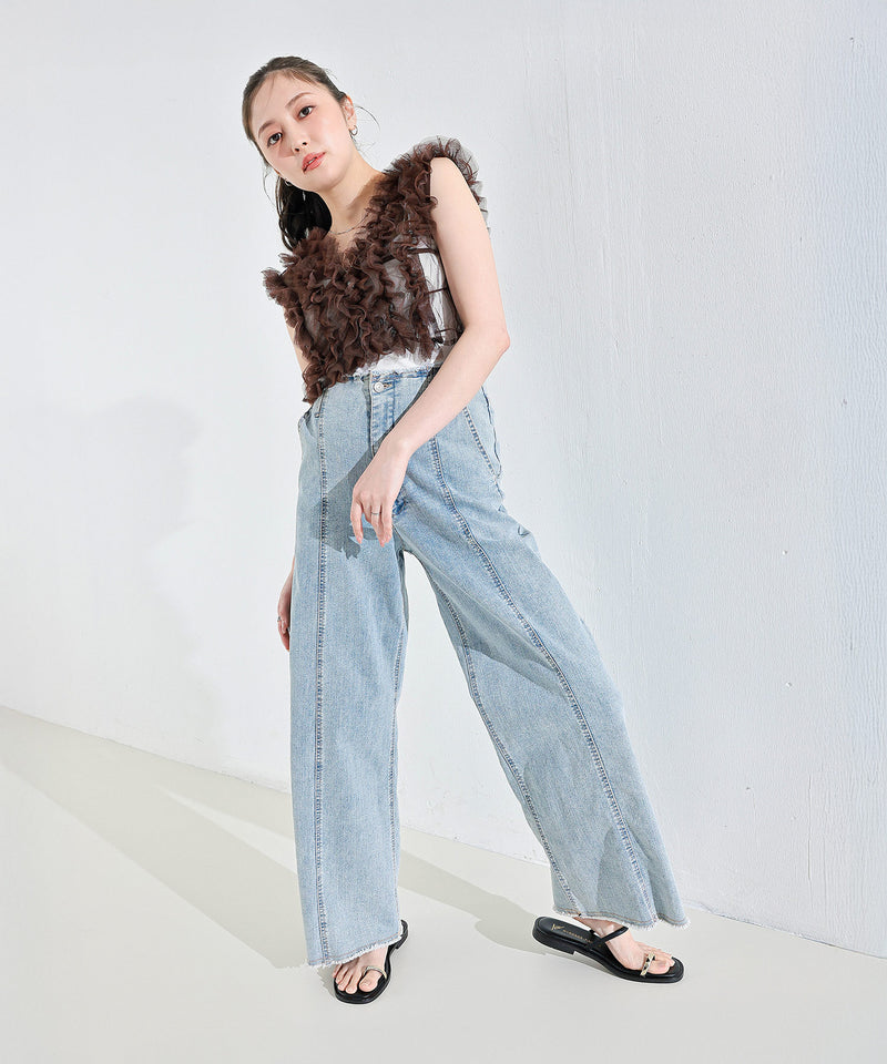 【Iラインで美シルエット】ハイウエスト デニム ワイド パンツ