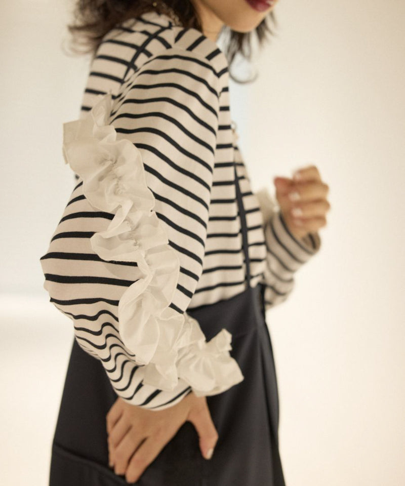 【Mewl/ミュール】ボーダーフリルスリーブTOPS