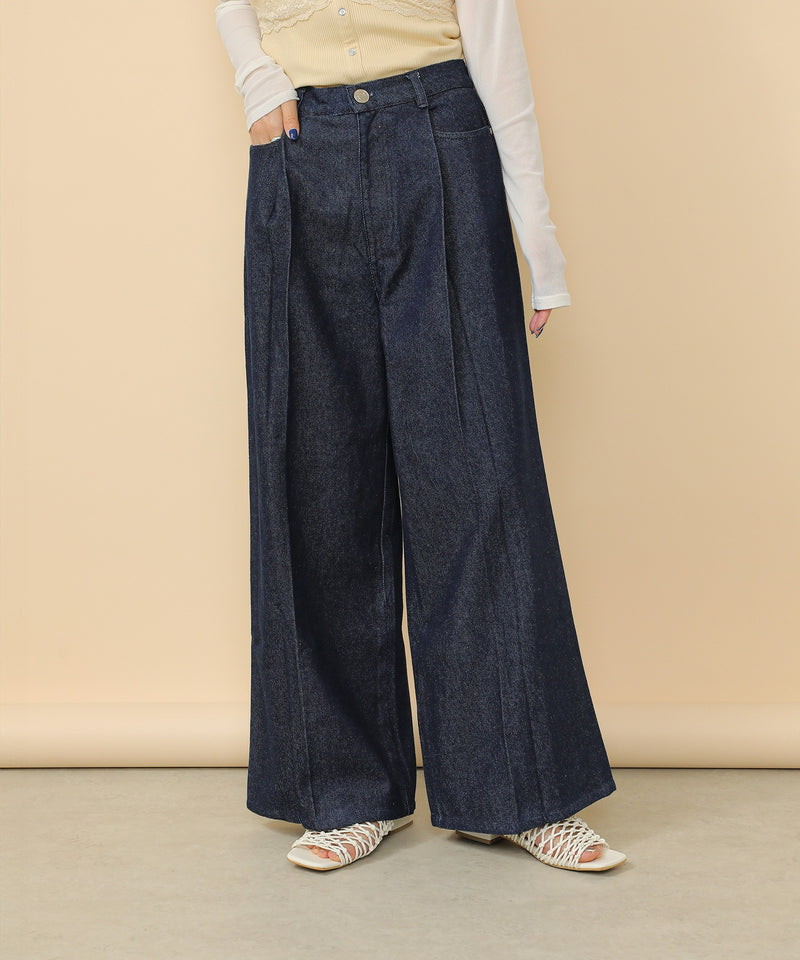 タック入り デニム ワイドパンツ