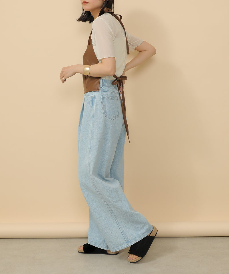タック入り デニム ワイドパンツ
