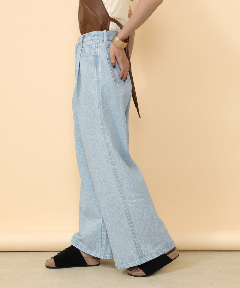 タック入り デニム ワイドパンツ