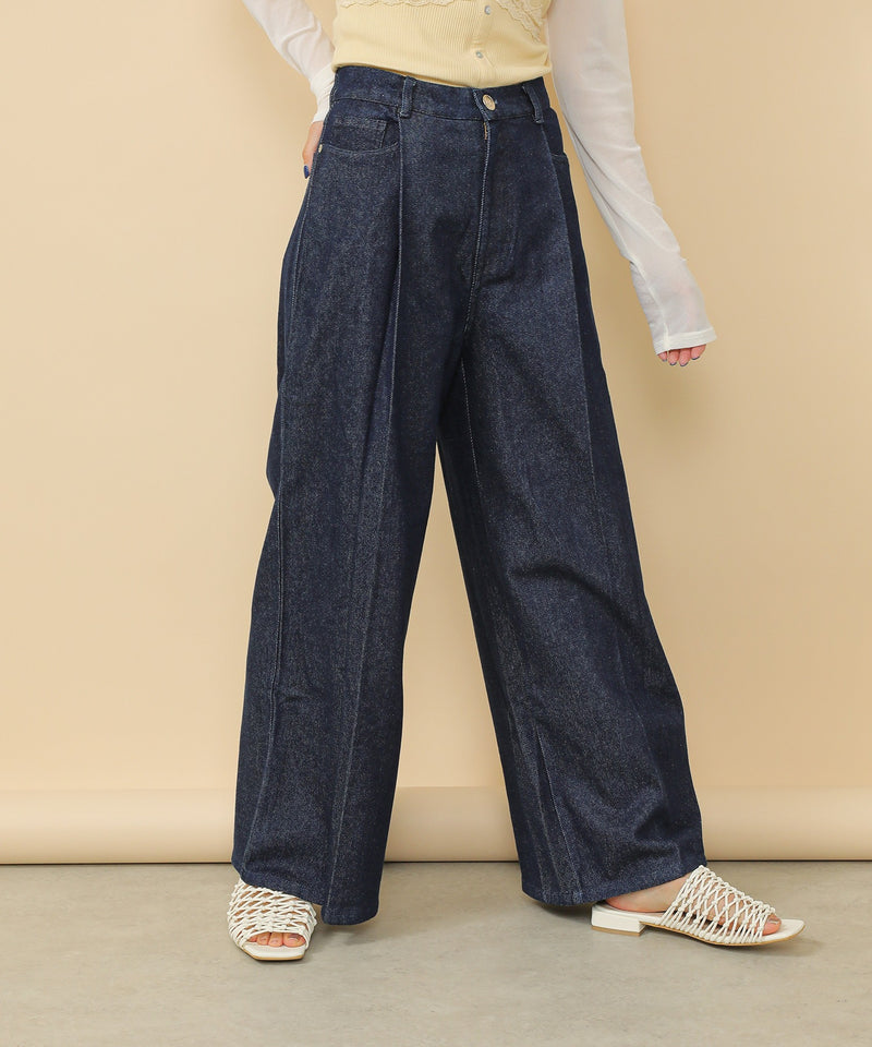 タック入り デニム ワイドパンツ