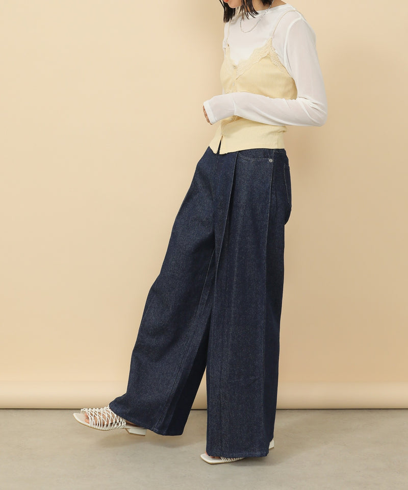 タック入り デニム ワイドパンツ