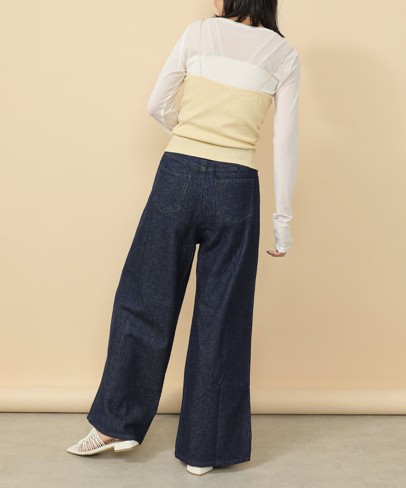 タック入り デニム ワイドパンツ