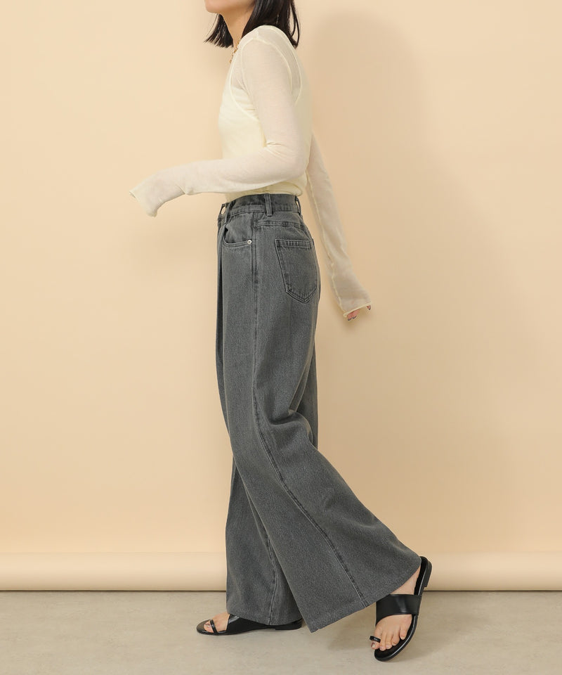 タック入り デニム ワイドパンツ