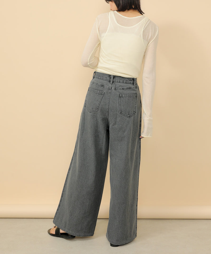 タック入り デニム ワイドパンツ