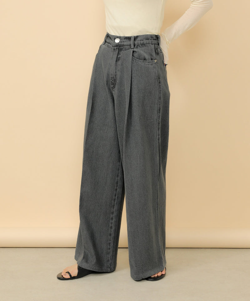 タック入り デニム ワイドパンツ