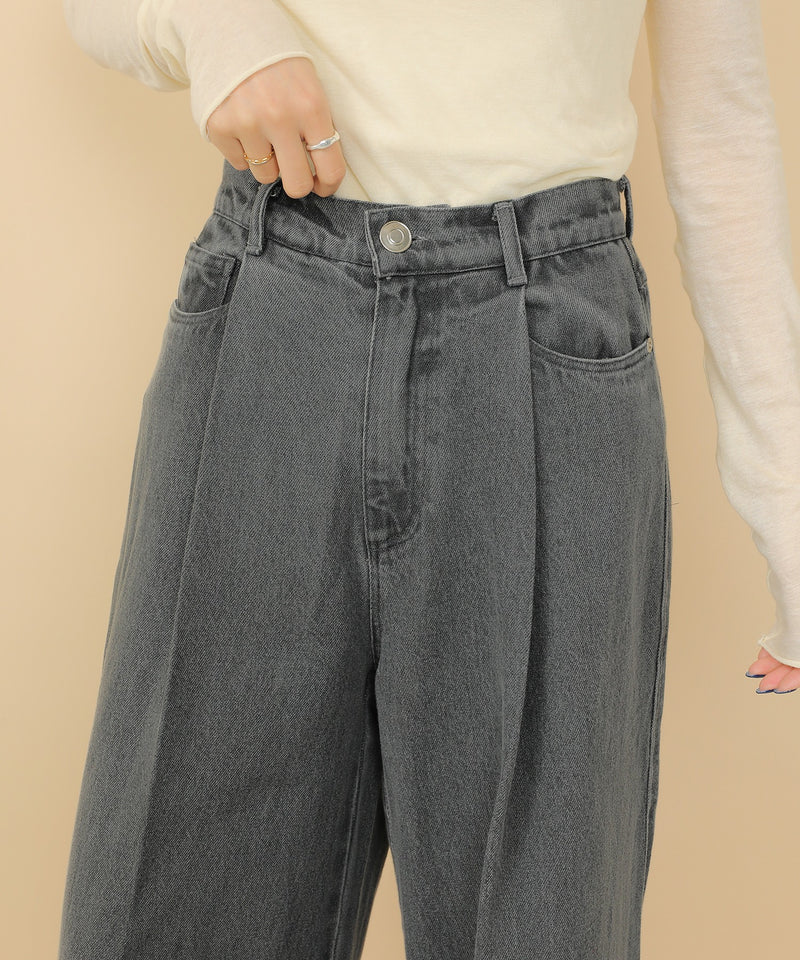 タック入り デニム ワイドパンツ