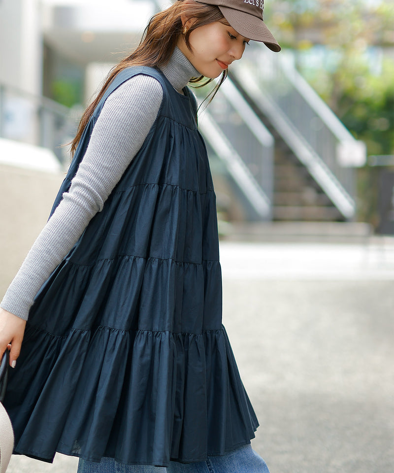 【ロングシーズン使える万能アイテム！】 ティアード ノースリーブ ボリューム チュニック ワンピース ミニ丈