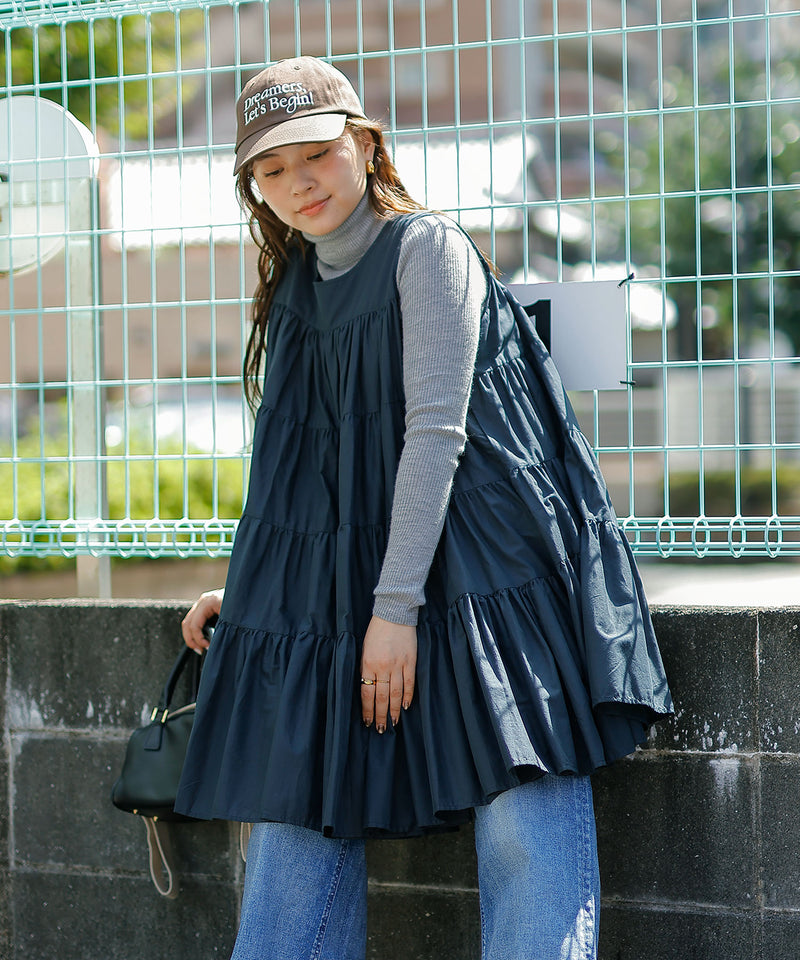 【ロングシーズン使える万能アイテム！】 ティアード ノースリーブ ボリューム チュニック ワンピース ミニ丈